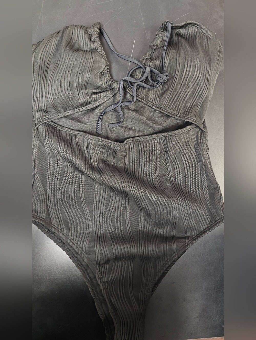 Classic Black One-Piece Swim Suit with Textured Stripe